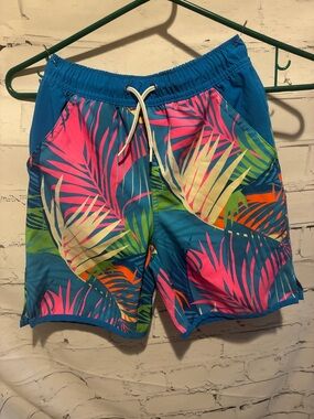 Lands' End Kids Bright Tropical Palm Swim Trunks - Blue/Pink/Green